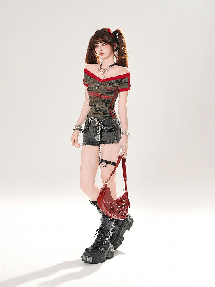 Belt Rise Stud Details Black Low Distressed Denim Shorts with Buckle