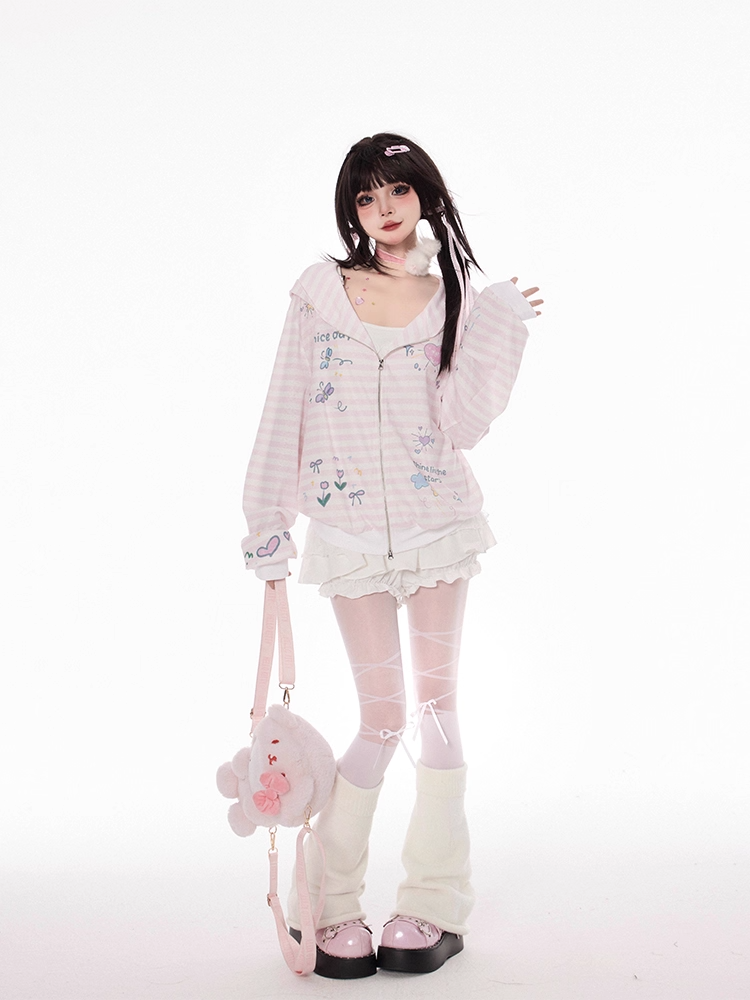 Pink Striped Hooded Jacket Closure Zip Pattern Y2K Autumn Print for