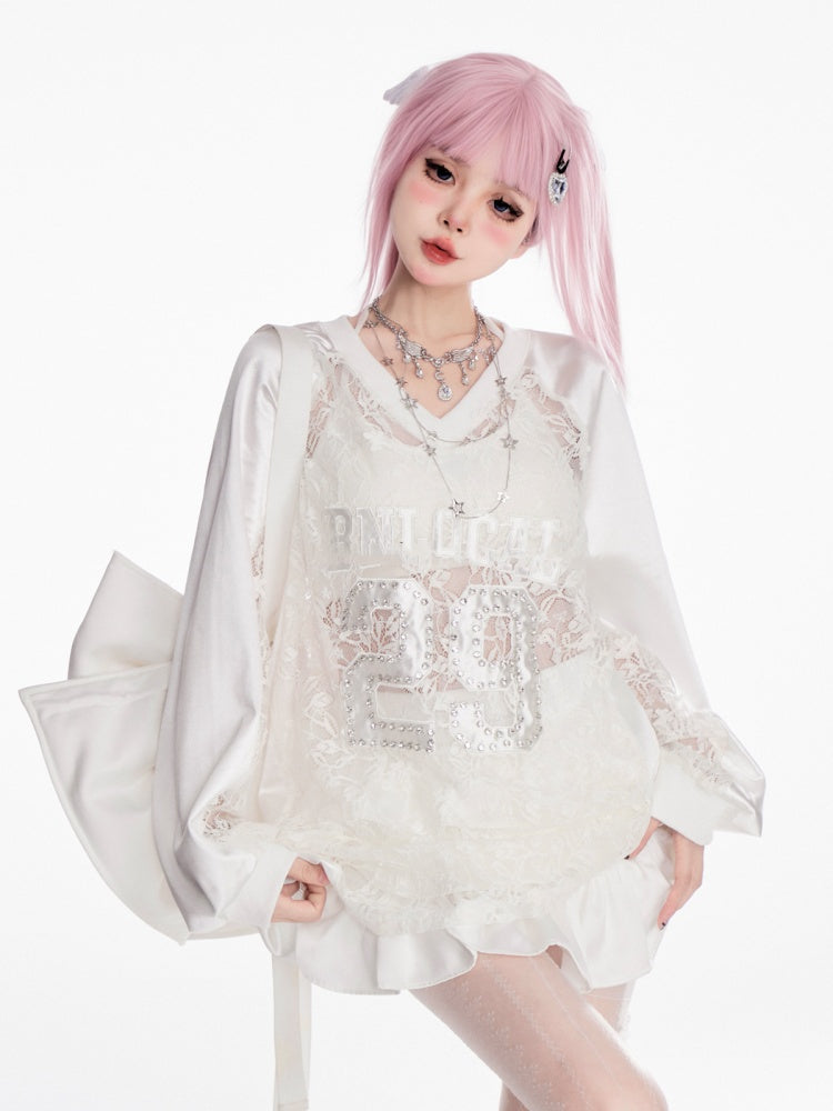 Sweatshirt White V-neck Contrast Lace Patches Number Applique Summer