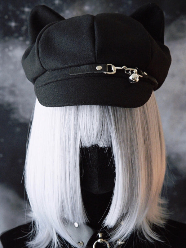 Hut Katze Schnalle Ohr Schwarz Design Gothic Glocke Charme Baskenmütze