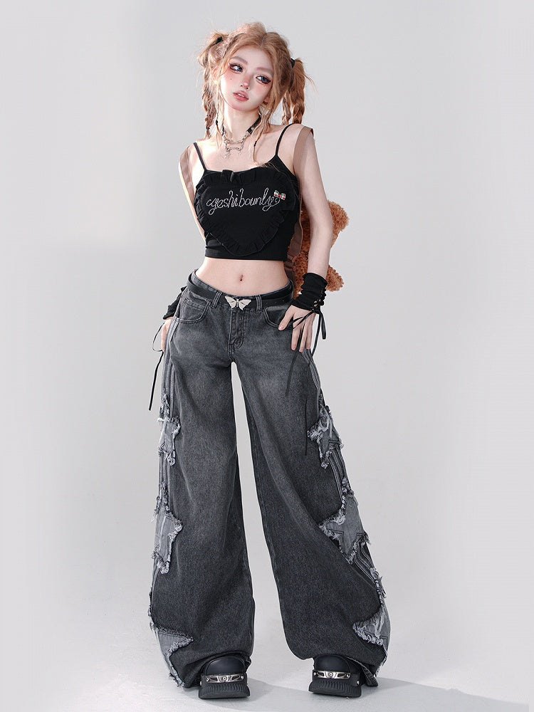 Low Grey Waist Wide-Leg Jeans with Frayed Star Patchwork