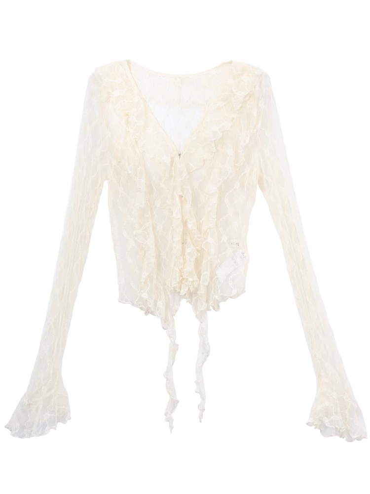 Beige Cascading Ruffle Trim Lace Top