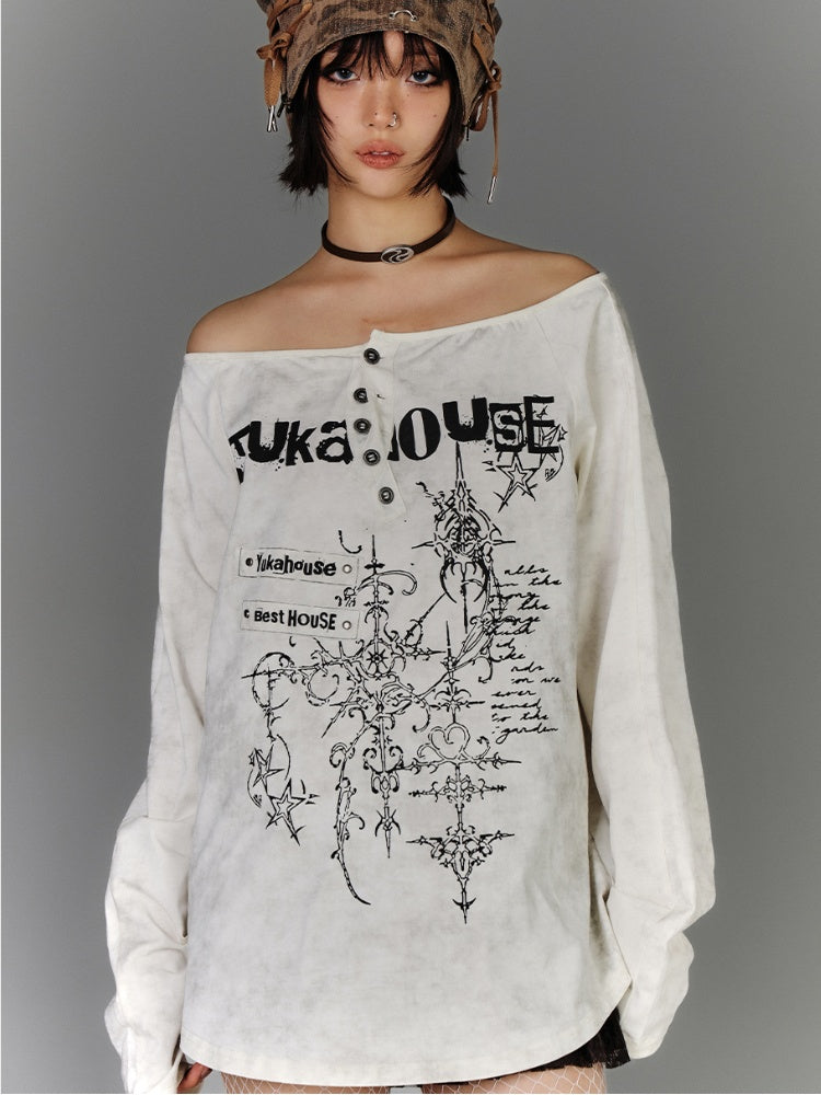 Apricot Off-the-shoulder Graphic Neckline Cotton Top Distressed