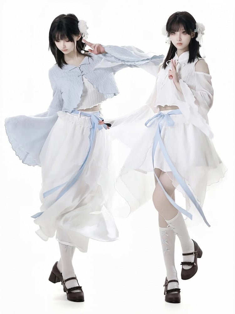 ホワイトのアシンメトリーメッシュヘムスカートバージョン(リボン付き)ショート/ロングセルフタイ