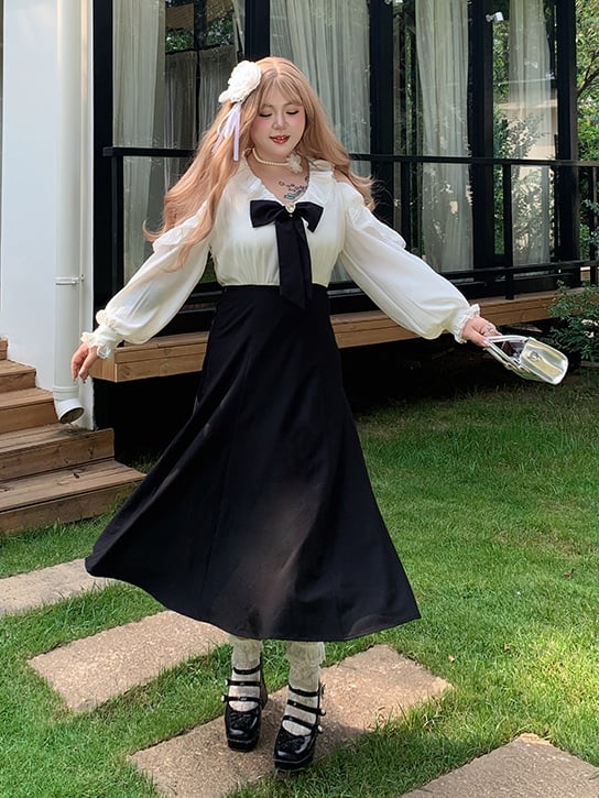 / Bowknot Abnehmbare Schulter Plus Größe Schwarz Taille Kleid Ausschnitt mit Hohe Rosa und