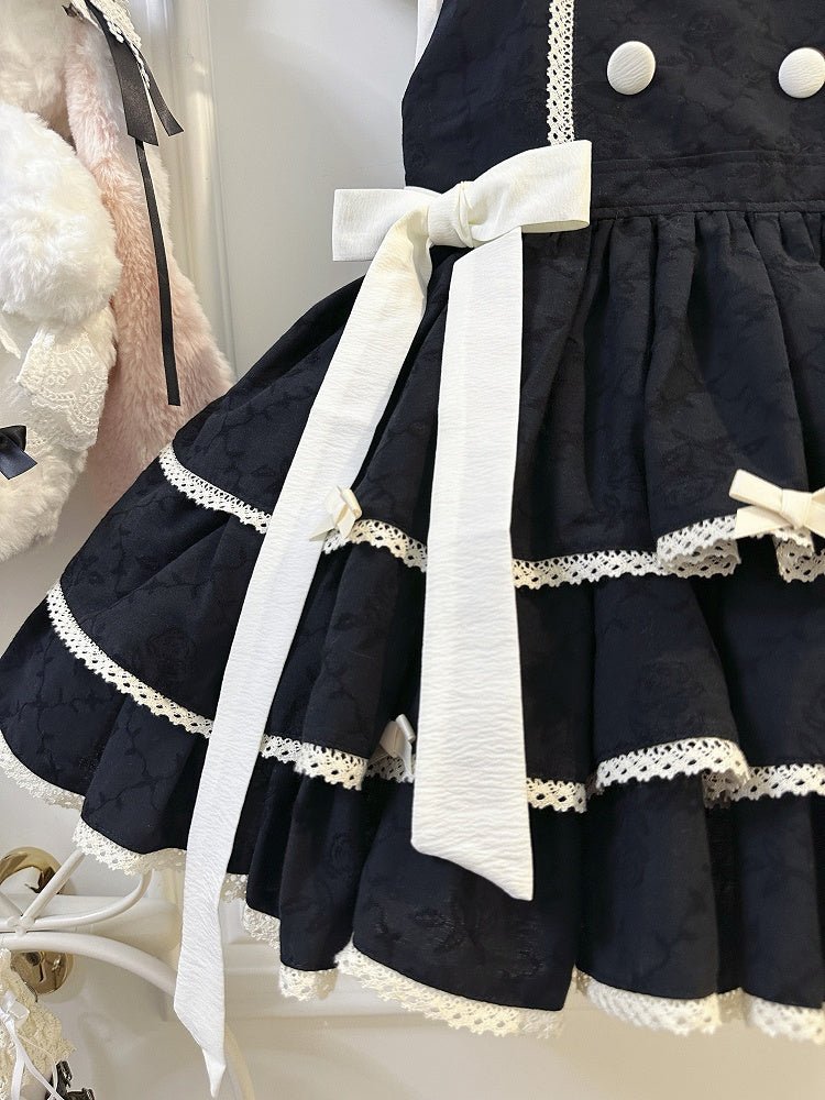 Double-Breasted Black Trim Sweet with Lolita Overall Buttons White Lace Dress and