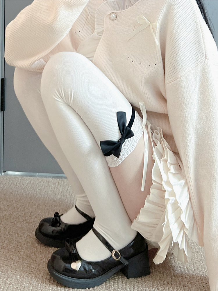 Milk White Sweet Bowknot Lace Trim Overknee Stockings