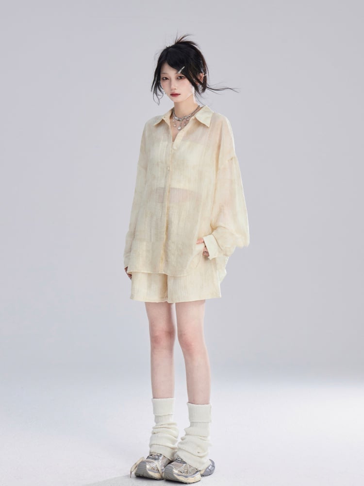 Apricot Semi-Sheer Sun Protection Shirt/Loose Shorts