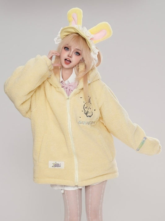Print Cartoon With Fleece Hooded Bunny Ears Coat Yellow