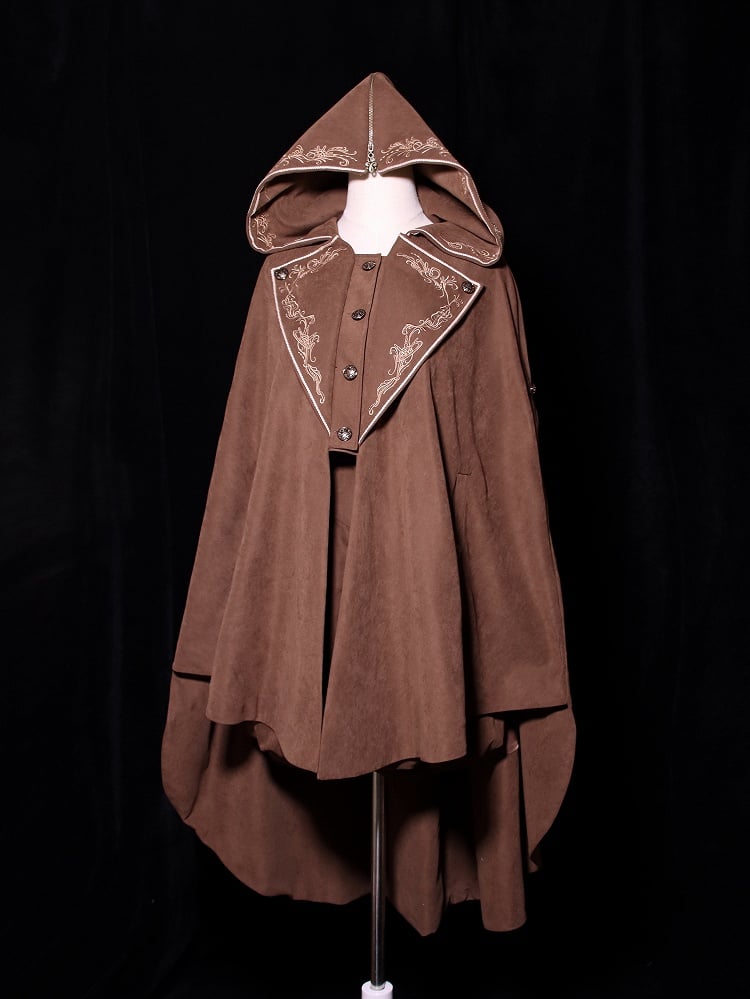 Hood Zip Ouji Embroidery Cloak Lolita Coffee Detail