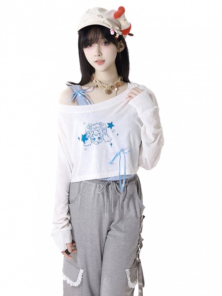 Light Blue Cute Cups Padded Girl Print Tank Top with Detachable