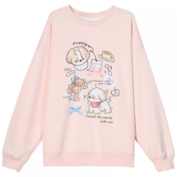 Adorable Cartoon Puppy Print Pink Round Loose Neck Sweatshirt