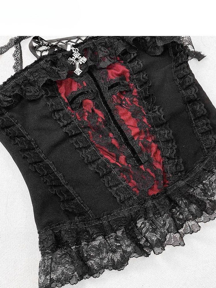Glamorous Tiered Cross Top Plaid Details Bittersweet + Red Skirt Dye Black Tie Set- Dress Cami
