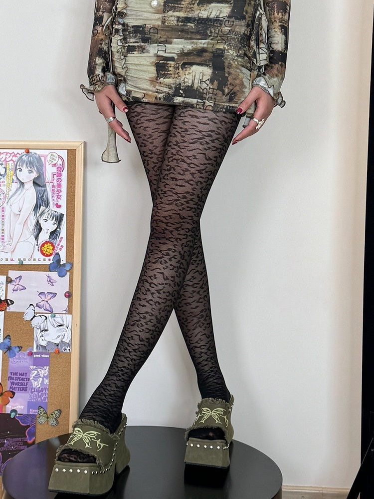 Leopard Pattern Tights Y2K Black