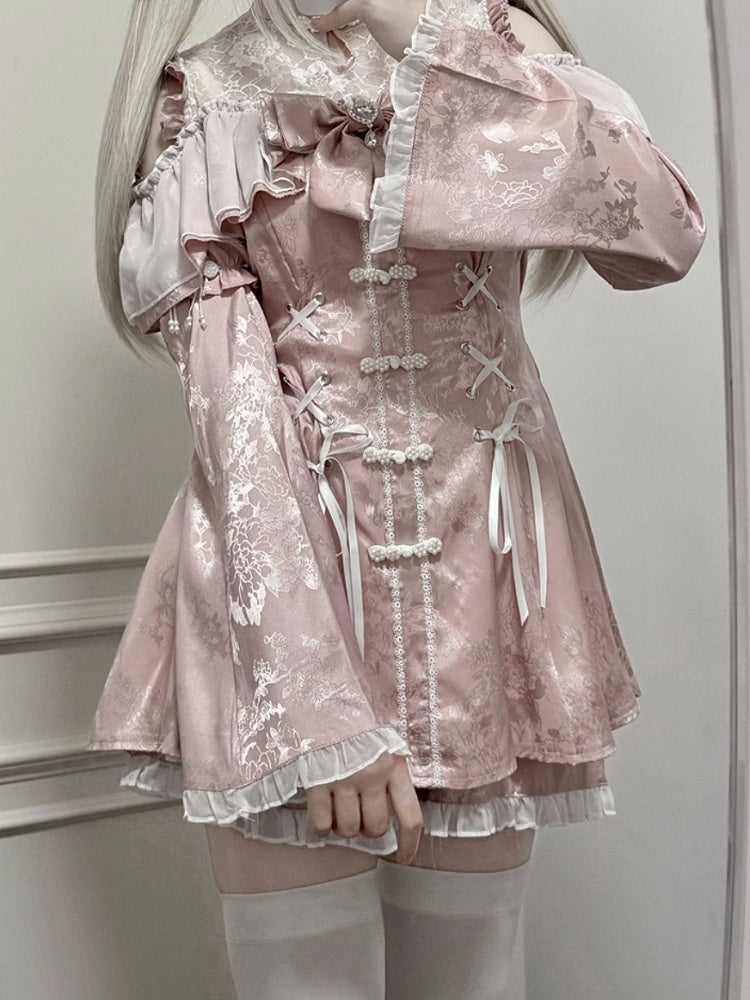 Set- Shorts Bow Tie Neckline + + Bell Sleeves Illusion Cheongsam Mini Dress Dusty Jirai Style Pink Kei