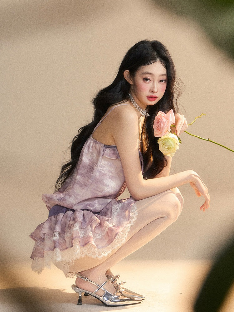 ラベンダーオイルストラップティアードスカートスリップドレスミニペインティングセルフタイ