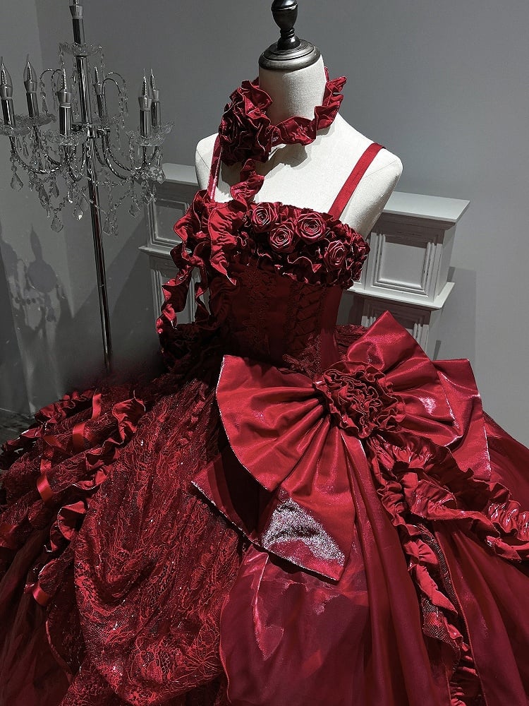 Hanayome Waist Boned Floor Corset Length Gown Hime Dress Red Ball Lolita