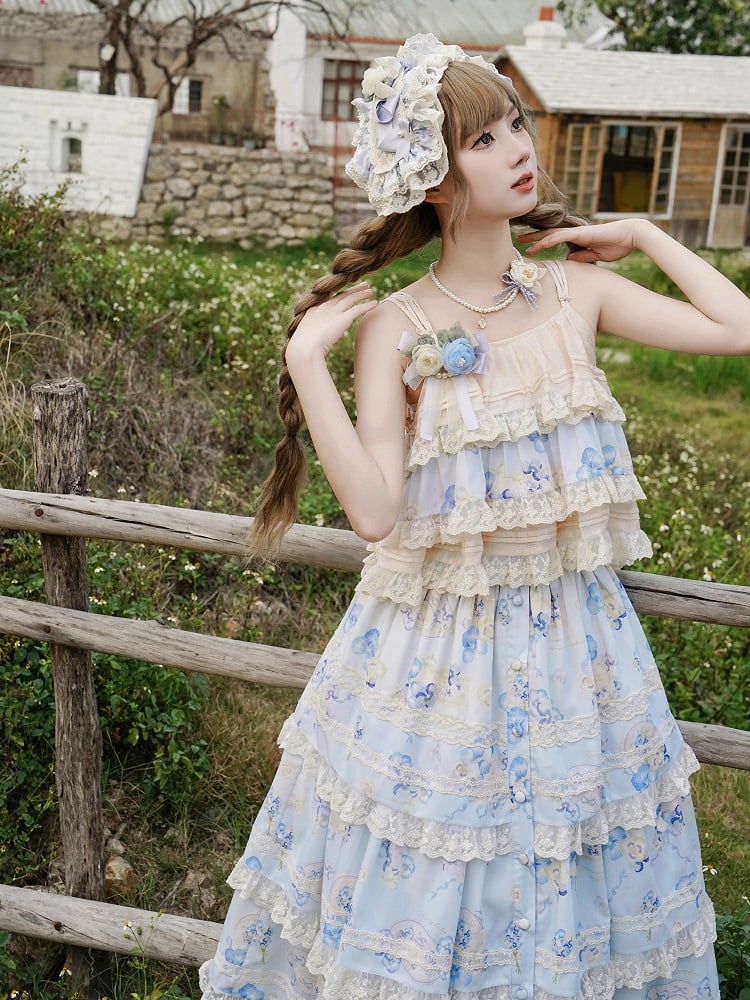 Print Top Cami Blue Floral Beige Tiered and