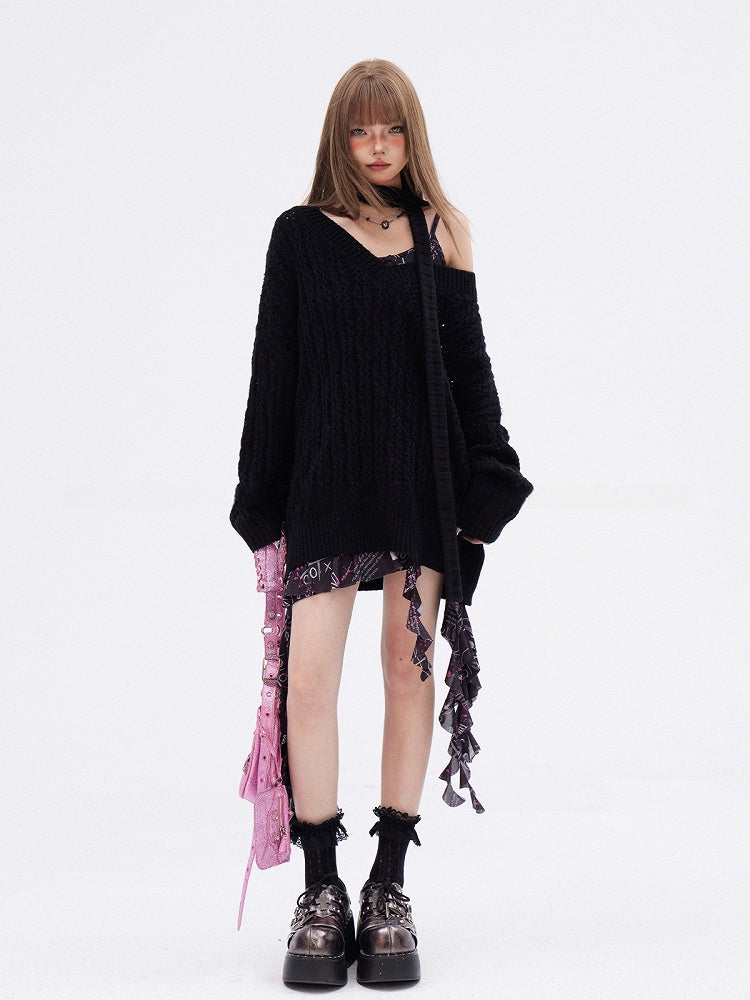 Apricot/Black V-neck Hollow-out Knitted Sweater