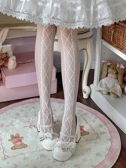 Banded Tights Crisscorss White Sweet Lolita Print