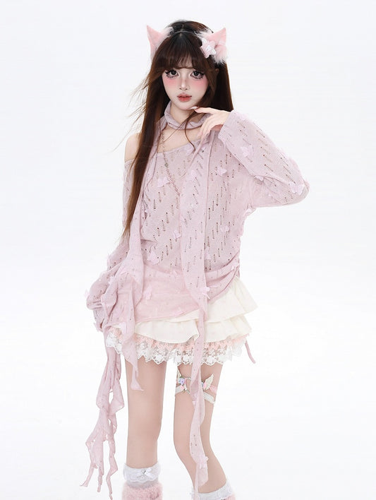 Kostenloser Kirschblüten-Pink-Schal mit asymmetrischem Saum und Schmetterlingsmotiv und Akzenten