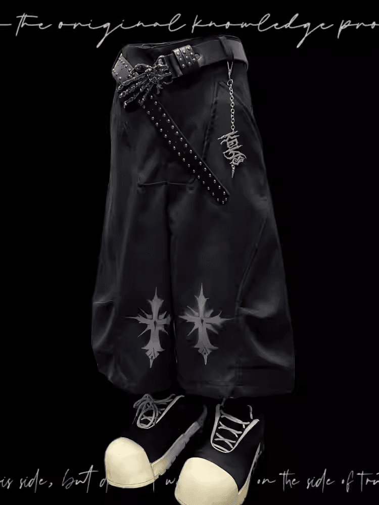 Rock Y2K Wide-leg Pants Free Charm Black Cross Print Punk with