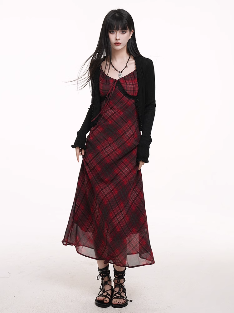 Self-tie Strap Neckline Cami Dress Red Black Plaid V-neck