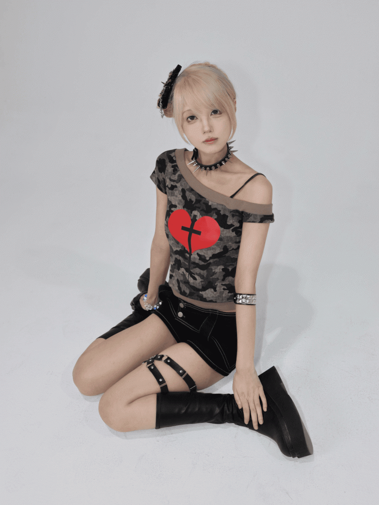 Y2K Green Camo Asymmetrical Neckline Heart and Cross T-Shirt