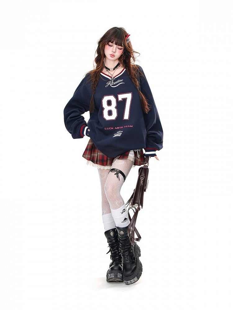 Apricot/Navy Blue V-Neck?Number Print Bittersweet Loose Sweatshirt