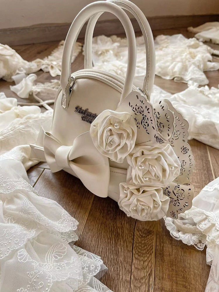 Big Creamy Bowknot Shell White Roses Bag