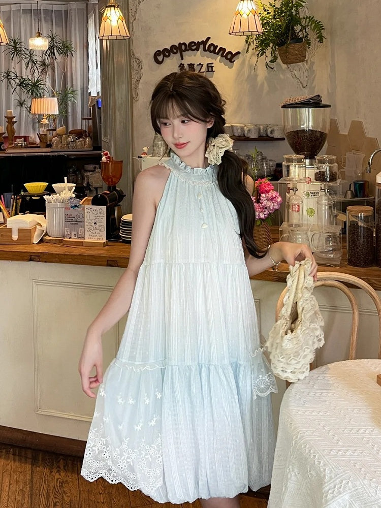 Light Skirt Buttons Sleeveless Dress Halter Neck Bubble Blue Ruffled Bead