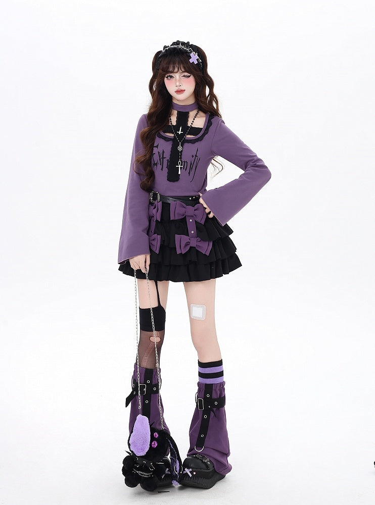Top and All-in-one Gothic Black/Purple Bell Sleeves Cross Design Choker