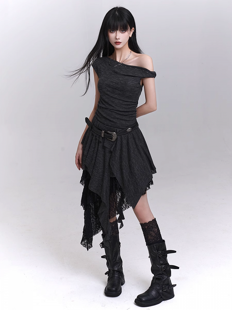 Buckle Studded Asymmetrical Neckline Cascading Ruffles Belt with Dress