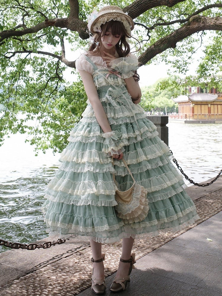 Goldfish Adjustable Dress and Green with Straps Lolita Embroidery Ruffle Multi-Layered Sweet