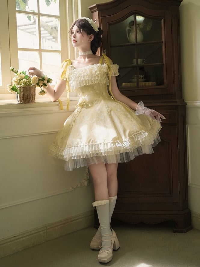 Light Versatile Full Dress Lolita JSK Neckline Floral Yellow Set and Butterfly Print