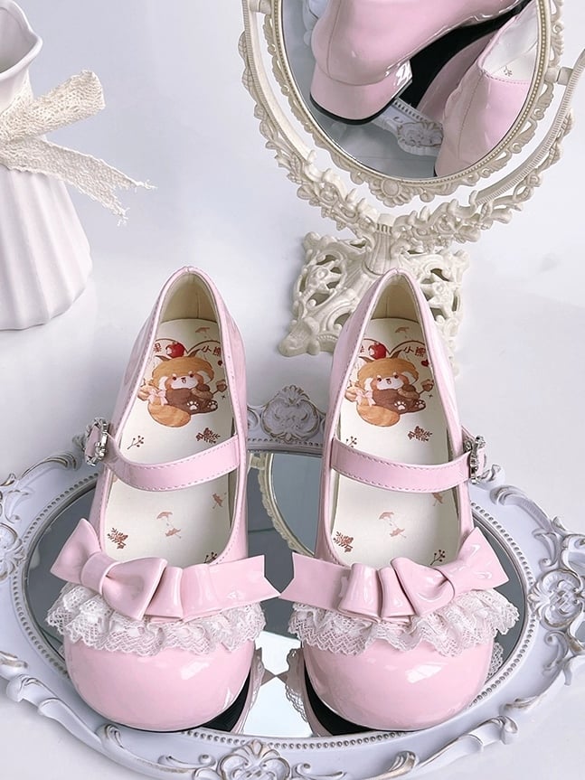 - Pink Lace Light Trim Janes Bow Mary Toe Embellishments with Sweet Round Lolita Low-heel Design