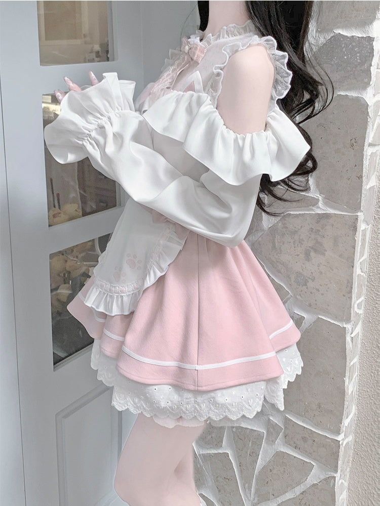 Pink & White Jirai Kei Full Set-Illusion Neckline Cutout Shoulder Top+Apron Design Skirt+Bow Tie