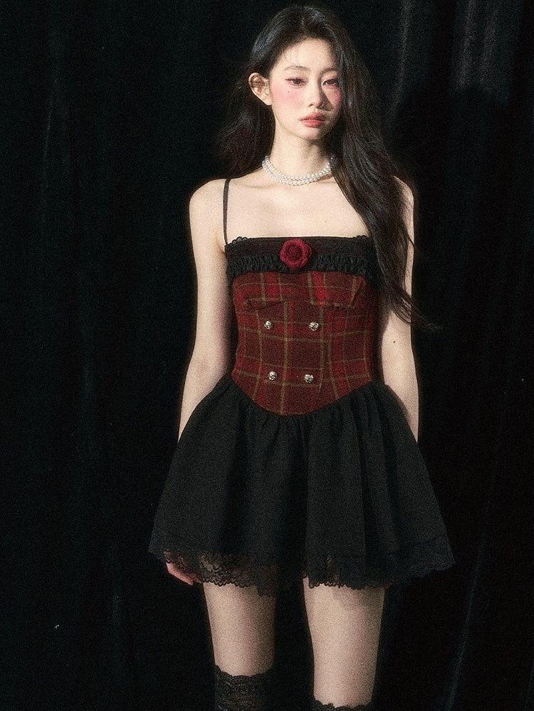 Christmas Red Floral Plaid Cami Dress with Plush Shawl Set