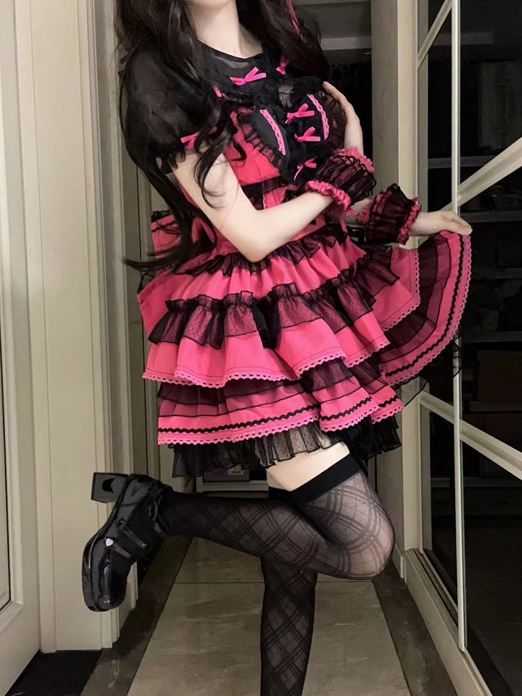 Accents Lolita Dress Sweet Hot Bow Ruffles Pink Layered with Black Heart Front
