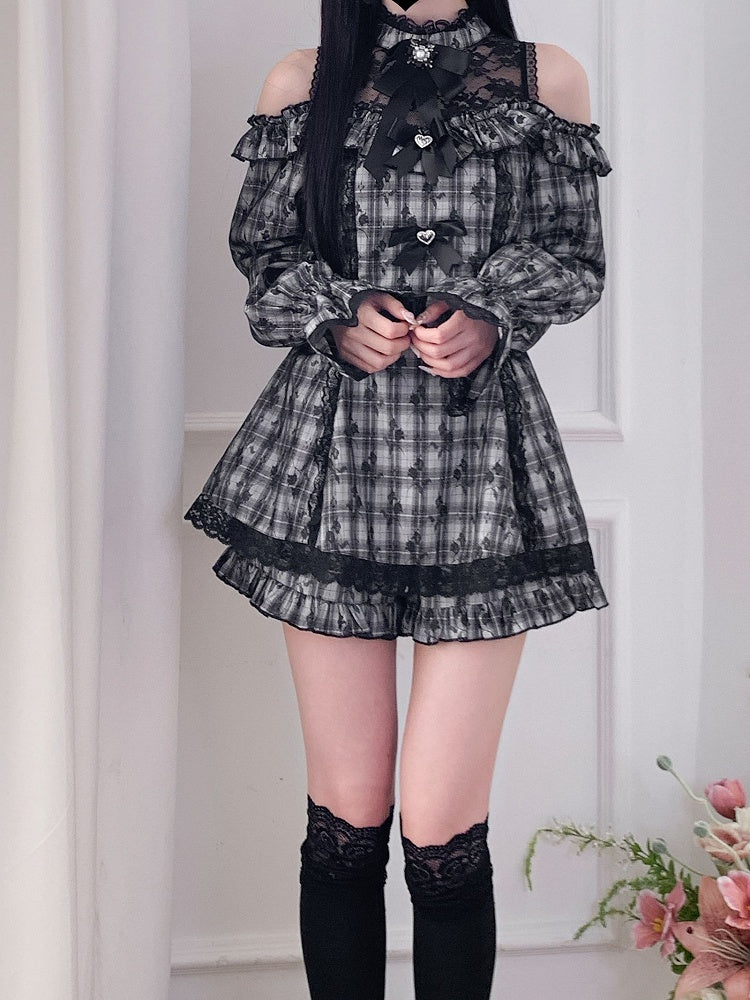 Set Rock Cutout Schulter Mini Shorts Jirai Kei Illusion Kleid Ausschnitt Plaid mit gerüschten grauen Saum