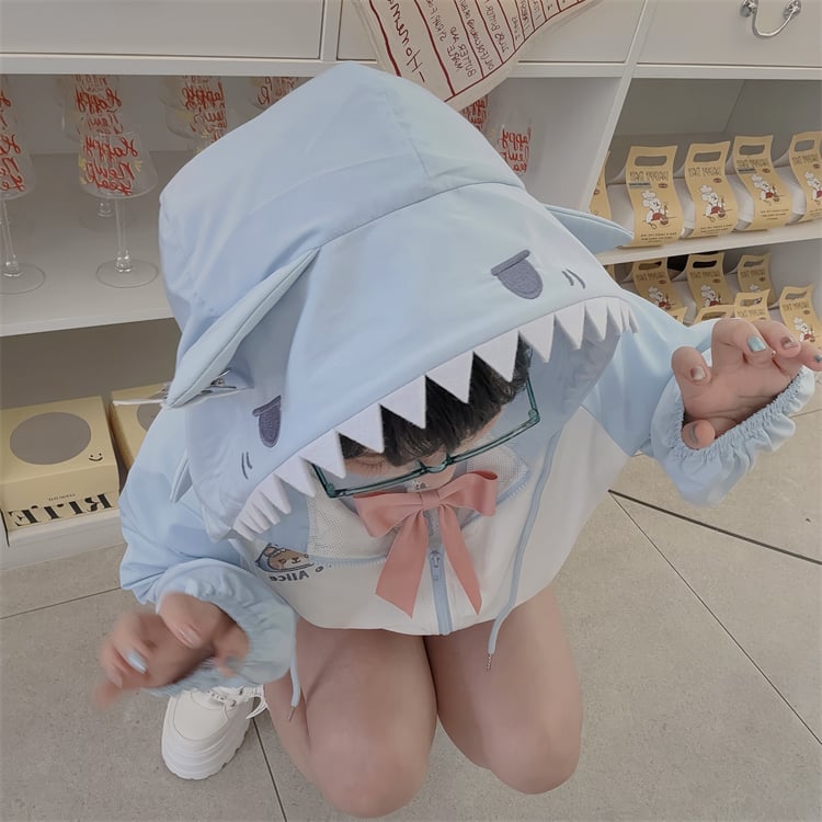 Jacket Shark Design Hood Blue and White Colorblock Design Windbreaker
