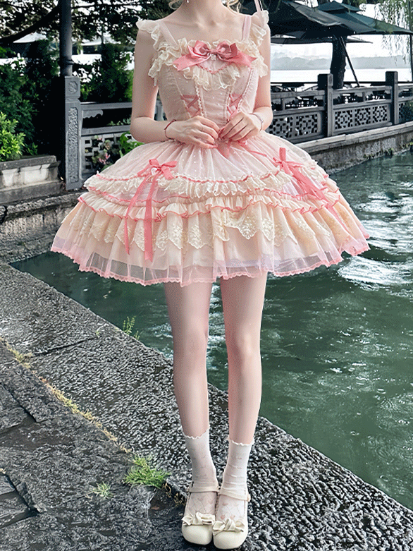 Bow Sweet Lolita Dress Flutter Pink Lace-up Bodice High Waist Sleeves with Big Jumper Skirt Detachable