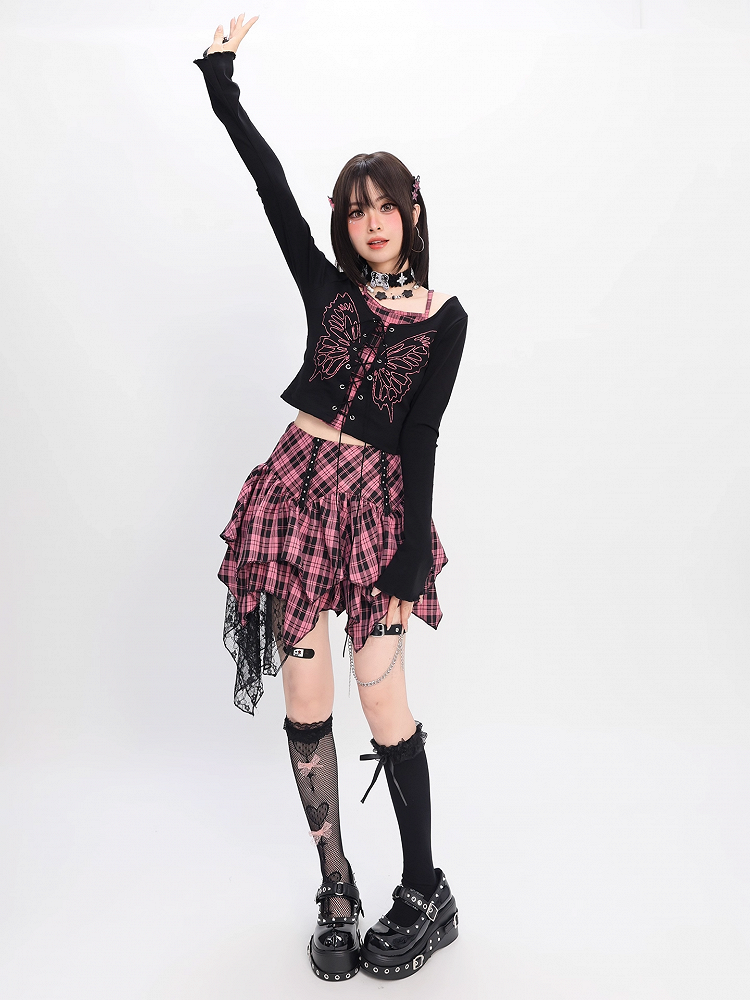Top Faux Y2K Lace-up Front Butterfly Print Black Pink Plaid Two-pieces and