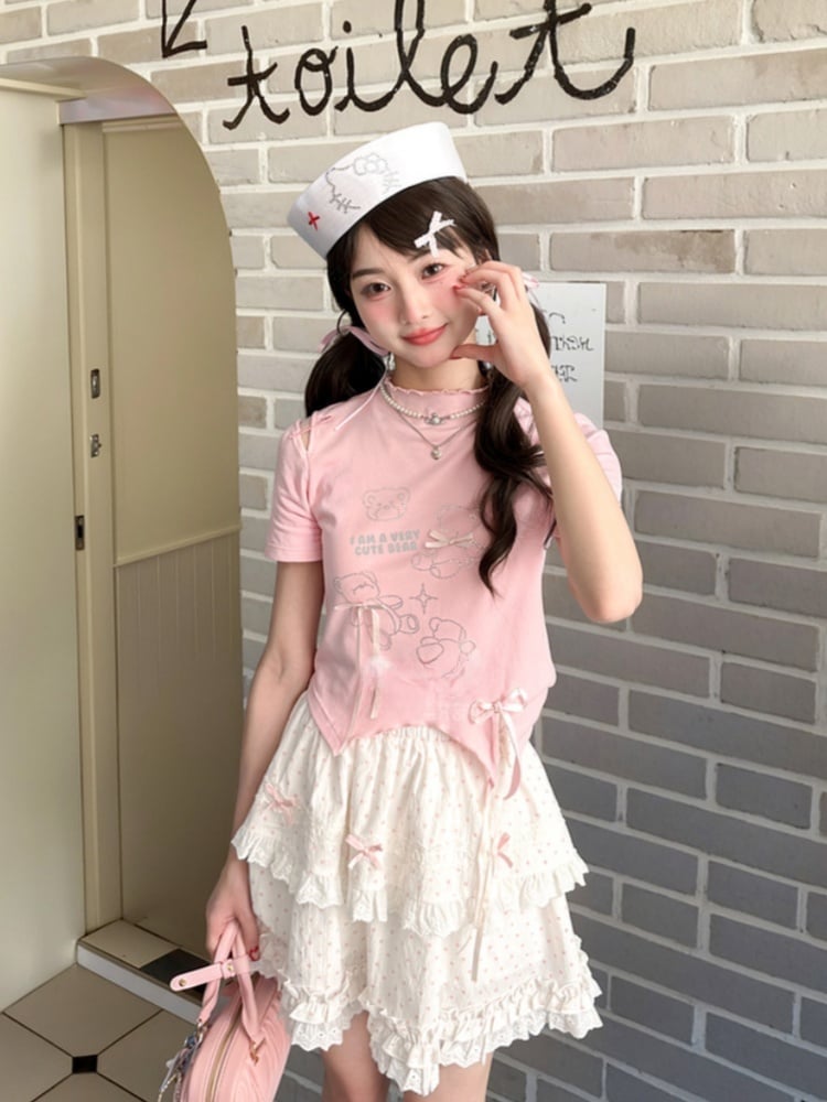 T-Shirt Hem Curved Pink Ruffle Neckline Teddy Bear Rhinestones Bowknot Accents