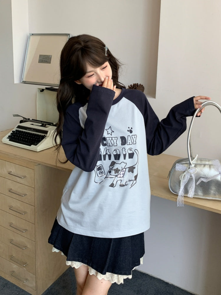 Top White/Blue Colorblock Design Adorable Puppy Print Loose