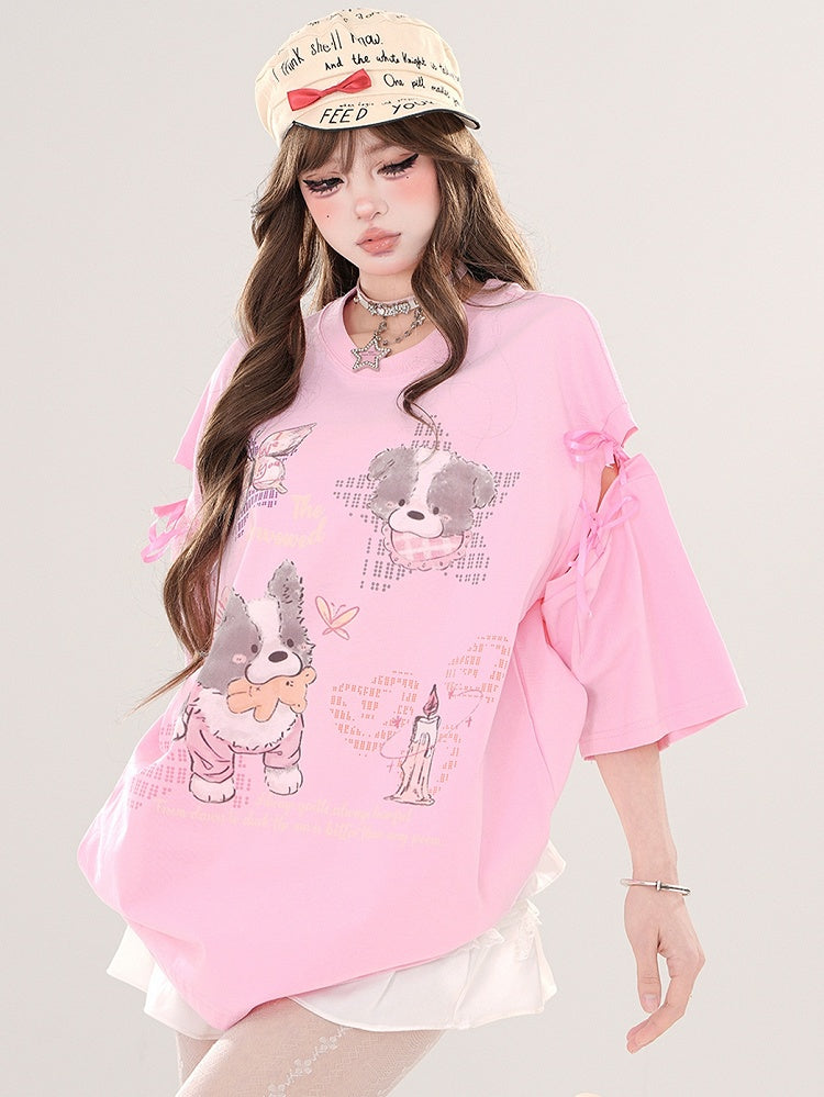 Rosa/Aprikose – T-Shirt mit Cartoon-Welpen und Cut-out-Ärmeln zum Binden