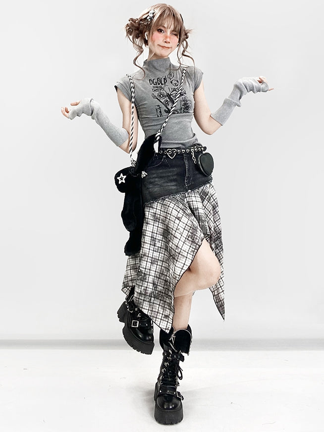 Plaid Handkerchief BlackWhite Y2K Pattern Skirt Hem