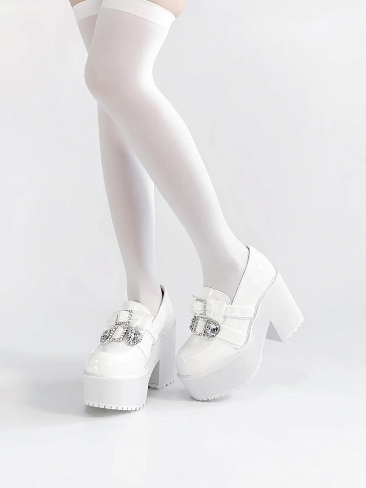 with Jirai Platform Matte Rhinestone Bow White 10cm Heart Loafers Kawaii Kei Heel