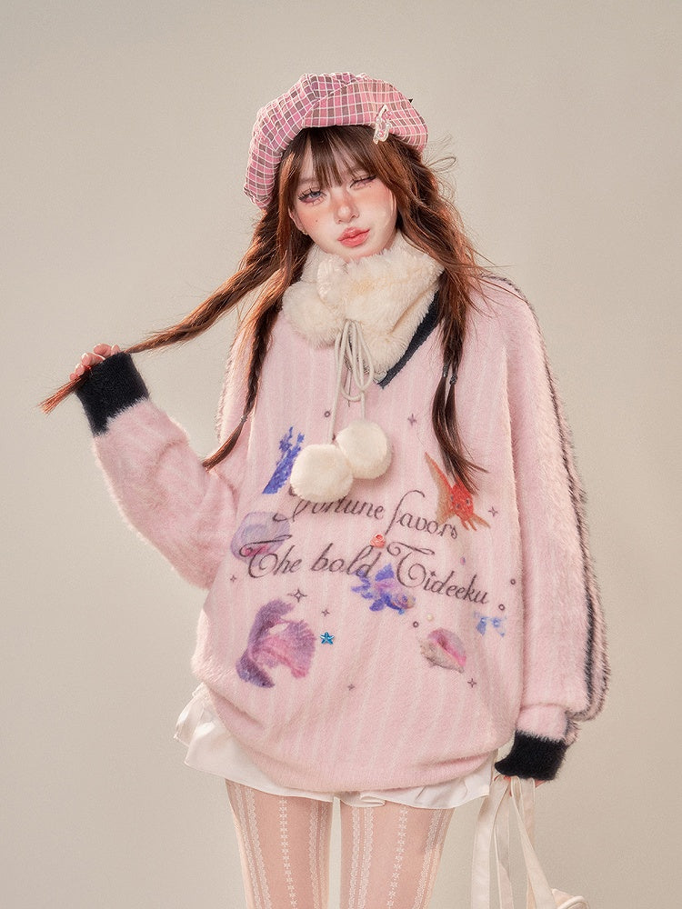 V-Neck Plush Sweater with Oceanic Prints Cozy Pink Stripes