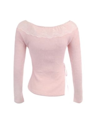 Pink Knit Sweater With Bow Accents and Playful Ribbon Detail Lace-Trimmed V-Neck